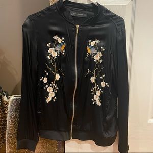 Zara black floral embroidered bomber jacket - size s